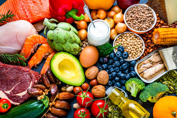 istockphoto-1457433817-612×612 Overhead view of a large group of healthy raw food for flexitarian mediterranean diet. The composition includes salmon, chicken breast, canned tuna, cow steak, fruits, vegetables, nuts, seeds, dairi products, olive oil, eggs and legumes. High resolution 42Mp studio digital capture taken with SONY A7rII and Zeiss Batis 40mm F2.0 CF lens
